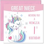 1st Great Niece Birthday Card - Meowgical Funny Cat Birthday Card for 1 Year old Kids Baby One, first