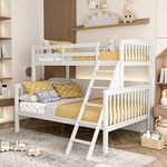 KOTEK Twin Over Full Bunk Bed, Solid Rubber Wood Bunk Bed Frame with Ladder and Guardrail, Detachable Heavy Duty Bunk Beds for Kids, Teens, Adults (White)