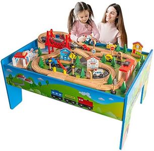 FUNPENY Train Table Toys,Wooden Train Track Railway City Sets Table for Kids Toddlers