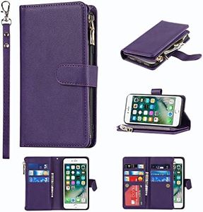 Cavor for iPhone SE 2020/ SE 2022 iPhone 7/8 Case PU Leather Folio Flip Wallet Back Cover Magnetic Case with Hand Strap/Lanyard Zipper Coin Pocket 9 Card Slots Stand Feature Wristlet Strap -Purple