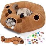 Odoland Cat Tunnel Bed, Foldable Cat Play Tunnels Reindeer Design Pet Donut Tunnel Bed with Ball & 4 Peek Holes, Cat Tunnel for Indoor Kitten Hideaway Interactive Cat Toys