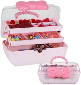 Huniupore Hair Accessories Organizer for Girls Headbands, Clips, Ties Baby Girl Supplies, Lockable Three-layer Folding Craft Organizers and Storage Plastic Jewelry Box,10.8 * 5.9 * 5.7in (Pink)