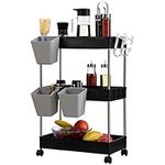 DOEWORKS Storage Trolley Cart, 3-Tier Storage Cart with Wheels Rolling Utility Cart with Hanging Cups Multi-Purpose Storage Shelf Rack for Kitchen Bathroom Bedroom Office, Black