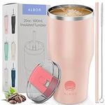 ALBOR Coffee Travel Mug with Handle 20oz/600ml - Stainless Steel Travel Coffee Mug - Insultated Tumbler with Straw and Lid - Tasse a Cafe Isotherme - Insulated Coffee Mug Travel - Rose Gold