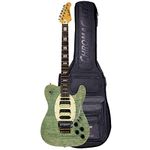 GoDpsMusic 6 String Sawtooth ET Hybrid Electric Guitar with Floyd Rose, Flame Maple Grass Stained Blue Jean, with ChromaCast Pro Series Gig Bag, Right, (ST FL-FMBLJ)