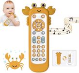 Baby TV Remote Control Toy with Soft Silicone Cute Carb Teether Cover, Musical Realistic Play Remote Toy with Light and Sound, 3 Language Educational Learning Toy for 6M+ Boy and Girls(Yellow)