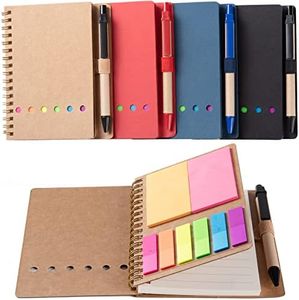 WILFANS 4 Packs Spiral Notebook Steno Pads Lined Notepad with Pen in Holder, Sticky Notes, Page Marker Colored Index Tabs Flags, 4.73"x5.9" Kraft Paper Cover Small Pocket Notebooks (4 Colors Black/Red/Brown/Blue 4 Packs)
