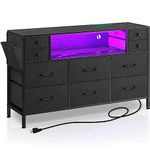 Rolanstar Dresser with Power Outlets and LED Lights, 10 Small Drawers Dresser with Side Pocket, Fabric Chest of Drawers with PU Finish, Wood Top for 55inch TV, Bedroom, Black, L