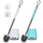 GUCOLUBU Toilet Bowl Brush and Holder 2 Pack Long Handle Toilet Brush for Bathroom with Ventilated Holder Floor and Wall Mounted Plastic Toilet Brush Set Under The Rim Household Cleaning (Cyan/White)