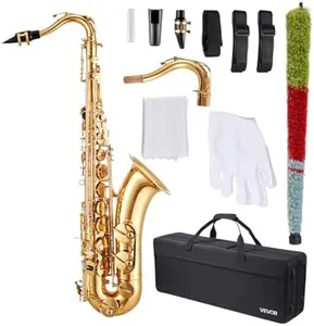VEVOR Tenor Saxophone, B Flat, Professional Brass Saxophone Beginner Kit with Carrying Case, Mouthpiece, Straps, Cleaning Cloth, Gloves, Neck Strap, 23 Keys Tenor Sax Kit, for Beginners Students, Gold