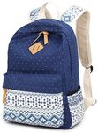 Swacort Women Casual Backpack Lightweight Canvas with Leather Daykpack Cute Printng Travel Bag Shoulder Bookbags Blue Seawaves