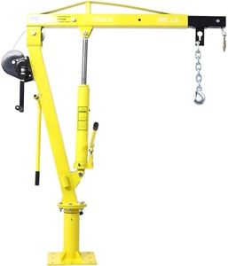 Hydraulic Pickup Truck Crane with Hand Winch , 1000 LBS Capacity, 360° Swivel Truck Jib Engine Hoist Crane,Folding Pickup Truck Bed Hoist Jib Crane in Construction, Forestry, Factory yellow