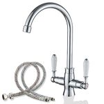 Kitchen Mixer Tap Chrome 1 Hole Brass Material Dual Lever Monobloc Gooseneck High Arch 360 Swivel Hot and Cold Sink Taps Deck Mount for Kitchen UK Standard with Flexi Tails Easy to Install