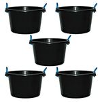 (𝐒𝐞𝐭 𝐨𝐟 𝟓) 45L Litre Black Heavy Duty Multipurpose Plastic Tub Bucket Planter With Rope Handles Muck Bucket Open-Top Storage Round Utility Tub for Indoor or Outdoor Home Garden (Made In UK)