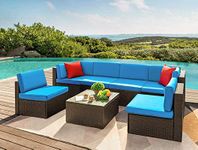 DEVOKO Outdoor Cane Furniture Sofa Set Wicker Sectional Sofa All-Weather Rattan Conversation Sets (Dark Brown and Sky Blue)