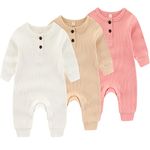 Newborn Baby Boys Girls One Piece Romper With Mitten Cuffs 3 Pack Long Sleeve Ribbed Button Jumpsuit Outfit Clothes white+apricot+pink 6 months