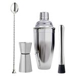 Bridge2shopping Combo Cocktail Shaker 500 ml, Steel Muddler 8 Inch, Peg Measuring 30/60 Ml, Mixing Spoon, Set of 4