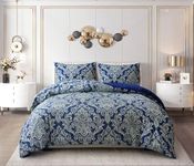 Best Linen 4 Piece Duvet Cover Set Polyester Cotton Quilt Cover Pillow Case & Fitted Sheet Complete Bedding Set Easy Care Machine Wash Anti Allergic (Damask Blue, King)