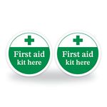 Set of 2 First aid kit here Safety Signs, 95mm Waterproof Indoor/Outdoor Stickers, First aid Kit at workplace, office or home