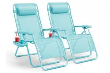 KEPLIN Set of 2 Heavy Duty Zero Gravity Chairs – Padded Garden Recliners with Locking System, 160° Recline, Adjustable Pillow, Removable Tray with Cup & Phone Holders, 110kg Capacity (Teal)