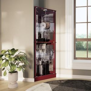 BELLEZE Lighted Corner Display Curio Cabinet Wooden Shelving Unit with Tempered Glass Door, Bar and Liquor Storage Area with 6 Shelves - Woody (Cherry)