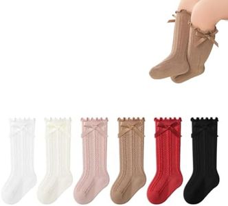 WATOCHE Baby Long Socks Toddler Girl Ruffle Knee High Socks Knitted Cotton for Newborn/Infant Girls 6 Pairs(Knit Bow-6P,1-3T)