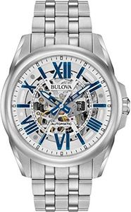 Bulova Men's Classic Sutton 3-Hand 21-Jewel Automatic Watch, 42 Hour Power Reserve, Skeleton Dial, Luminous Hands, 100M Water Resistant, 43mm, Stainless/Blue Accents, One Size, Classic Sutton