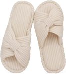 Evshine Summer House Slippers for Women Corduroy Cross Bow Indoor Slippers Open Toe Slip On Bedroom Shoes with Memory Foam, Beige 250 (Size 6-6.5)