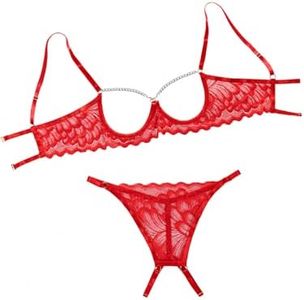 Lilosy Sexy Underwire Floral Lace Sheer Lingerie Set for Women See Through Bra and Panty 2 Piece, Red, X-Large