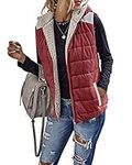 Womens Sherpa Fleece Zipper Up Reversible Vest Warm Color Block Hoodie Outwear with Pocket