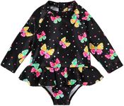 YOUNGER TREE Baby Swimsuit Girl Long Sleeve Ruffle Zipper Rash Guard Infant One Piece Swimwear Toddler Bathing Suit Girl, Colorful Butterflies, 12-18 Months