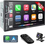 SJoyBring Wireless Double Din Car Stereo with Carplay, Android Auto, QLED Touchscreen, Bluetooth, 4-Channel RCA, 60W*4 High Power, Subwoofer, 7" Car Radio Receiver, Backup Camera