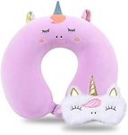 Travel Pillow, Kids Travel Pillow with Sleep Eye Mask, Soft Memory Foam Neck Pillow for Kids Boys & Girls, Teens, Travel Accessories for Airplane - Purple Unicorn Neck Pillow