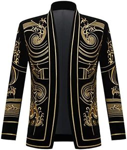PYJTRL Mens Stylish Court Prince Black Velvet Gold Embroidery Blazer Suit Jacket (Golden Flower, XXL)