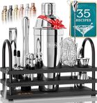 BARE BARREL® Cocktail Kit | Mixology Bartender Kit | 14-Piece Martini Cocktail Shaker Set | Home Bartending Tool Kit Bar Accessories | Stand & 35 Recipe Cards | Gift Set (Silver Black)