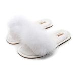 FAYUEKEY Real Fur Slippers for Women Summer Autumn Fluffy Furry Soft Plush Open Toe Slides Flats Shoes (White, numeric_10)