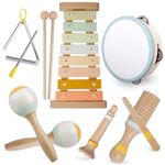 Fortand Musical Instruments, Toddler Wooden Percussion Instruments Toy Montessori Baby Musical Toys for Kids Xylophone Tambourine Natural Wooden Music Set Preschool Educational Toys for Boys and Girls