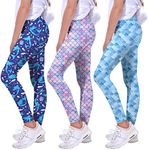 Quedoris Girls Printed Leggings Yoga Pants Multipack Leggings for Kids in 3t to 13 Years, Mermaid/Mermaid Purple/Mermaid Blue, 6-7 Years