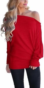 Lacozy Off The Shoulder Top for Women Sweatshirt Solid Oversized Pullover Knit Sweaters Batwing Tunic Shirt Red XL