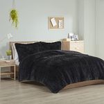 Intelligent Design Malea Shaggy Comforter Set, Long Faux Fur Cozy Down Alternative, Modern Casual Ultra Soft All Season Fluffy Bedding with Matching Sham, Full/Queen, Black 3 Piece