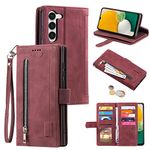 EYZUTAK Wallet Phone Case for Samsung Galaxy S23 5G, Retro Matte 9 Card Holder Slots Zipper Pocket Case PU Leather Magnetic Closure Kickstand with Wrist Strap Folio Flip Case - Wine Red