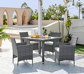 Furniturebox UK Barbados Grey Rattan Outdoor Garden Dining Set, PE Rattan & Grey Cushions, 4 Chairs 1 Square Glass Top Outdoor Table, Modern Garden & Patio Furniture