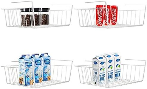 Under Shelf Basket, 4 Pack White Wire Rack, Slides Under Shelves for Storage Space on Kitchen Pantry Desk Bookshelf Cupboard