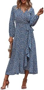 PRETTYGARDEN Women's Long Sleeve Vintage Flowy Dress Floral Print V-Neck Maxi Dresses with Belt, Blue, Medium