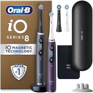 Oral-B iO8 2x Electric Toothbrushes For Adults, App Connected Handles, 4 Toothbrush Heads, 1 Travel Case, Toothbrush Head Holder, 6 Modes, 2 Pin UK Plug, Black/Violet