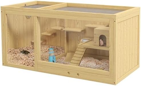PawHut Wooden Hamster Cage with Water Bottle, Small Animal Exercise Play House with Platforms, Openable Roof, Sliding Tray, Hut, Seesaws, Natural Wood Finish