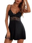 Bunanphy Women Sexy Nightgown Chemise Teddy Lace Lingerie Nightwear V-Neck Full Slip Babydoll Nightdress Black #G 16-18