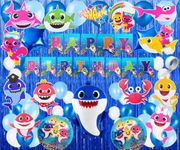 FI - FLICK IN 64 pcs 1st Birthday Decoration for Boys Theme Baby Shark Curtain Shark Foil Balloons Set (Pack of 64, Multicolor)