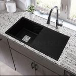 REMANENCE Granite Quartz Single Bowl Kitchen Sink With Drain Board | Flushmount/Undermount/Top Mounted Kitchen Sink | Sink For Kitchen (36 x 18 x 9 Inch) (Black)