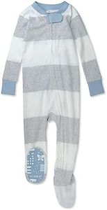 HonestBaby Non-Slip Footed Pajamas One-Piece Sleeper Jumpsuit Zip-Front PJs 100% Organic Cotton for Baby Boys, Rugby Stripe Light Heather Gray, 24 Months